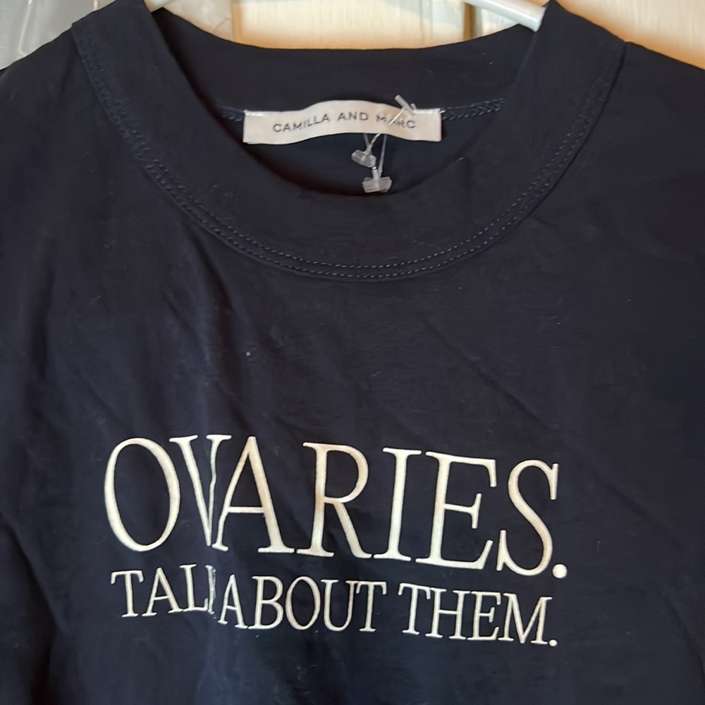 CAMILLA AND MARC ‘Ovaries. Talk About Them.’ Ovarian Cancer Tee Navy Unisex Sm